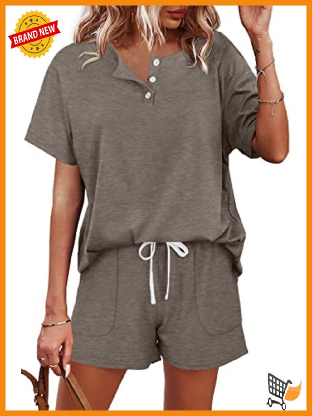Women 2 Piece Lounge Set Button Down Top Drawstring Shorts Pockets